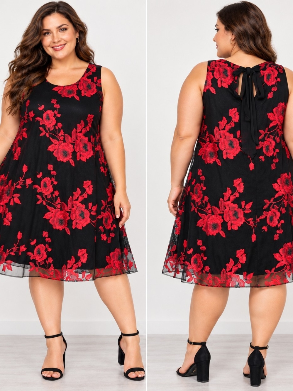 Roz & Ali Black Dress with Red Floral Appliqué
